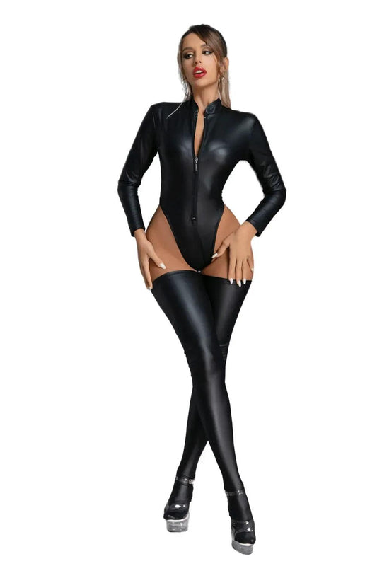 Sexy Wetlook Faux Leather Catsuit – Open Crotch PVC Latex Bodysuit with Stockings - Passion Pulse Adult