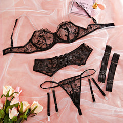 sexy lingerie set, 4-piece lace lingerie, floral lace bra set, boudoir lingerie, embroidered bra and thong, romantic bridal lingerie, seductive lace set, garter belt lingerie, ultra-thin sheer bra, luxury intimate wear, sexy nightwear, women’s lace lingerie.