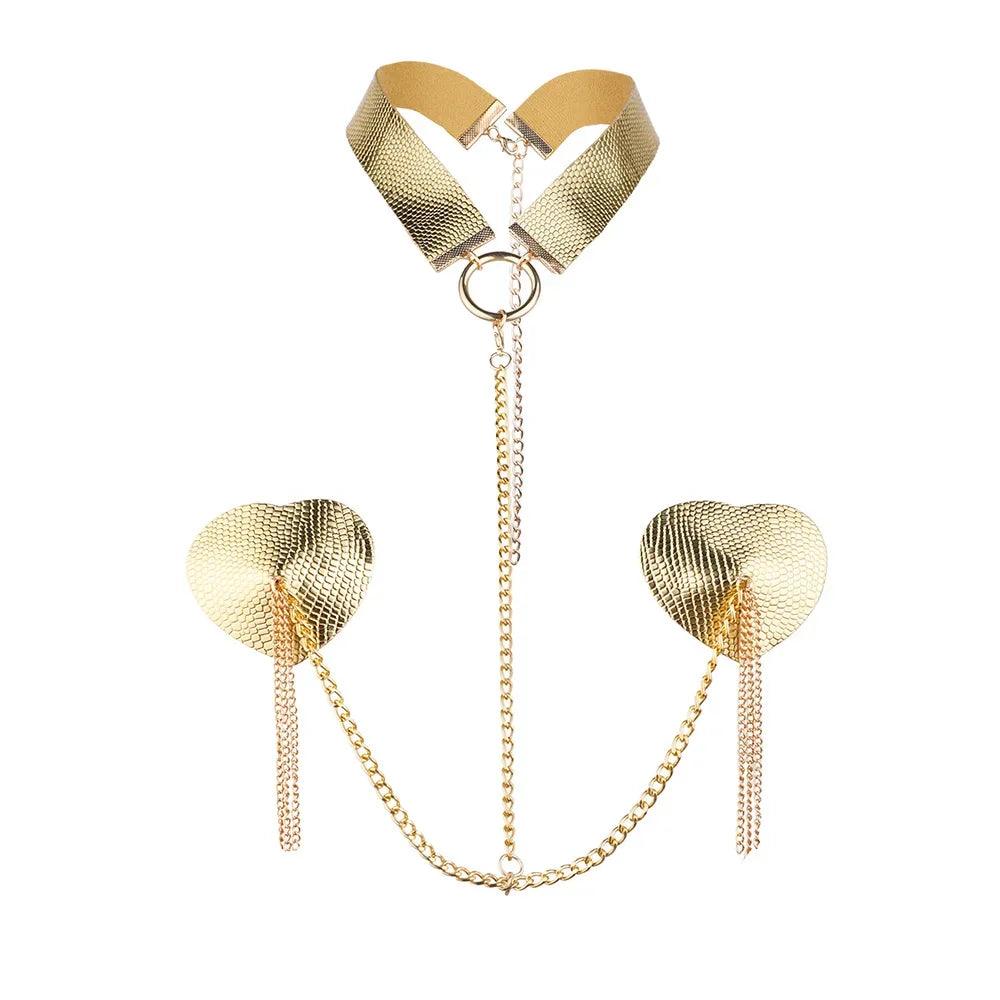 Heart Tassel Leather Nipple Covers with Chain & Choker - Passion Pulse Adult