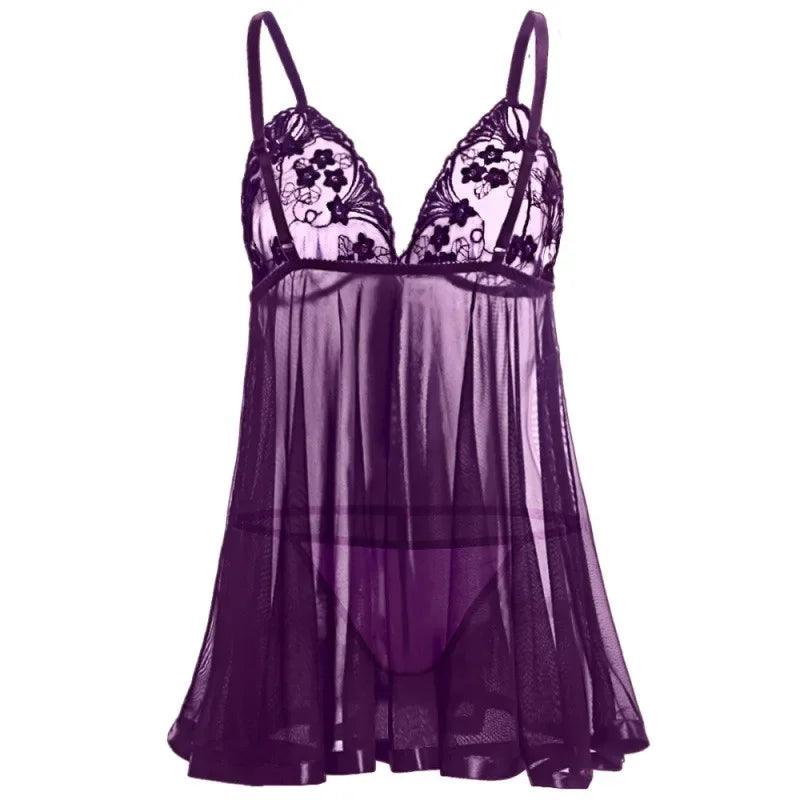Sexy Plus Size Lingerie – Transparent Lace Babydoll V-Neck Mesh Pajamas (Up to 6XL) - Passion Pulse Adult