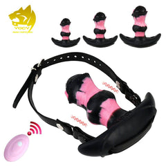 Adjustable Leather Mouth Gag with Vibrating Horse Dildo - 10 Modes Bondage Muzzle for Couples and BDSM Roleplay