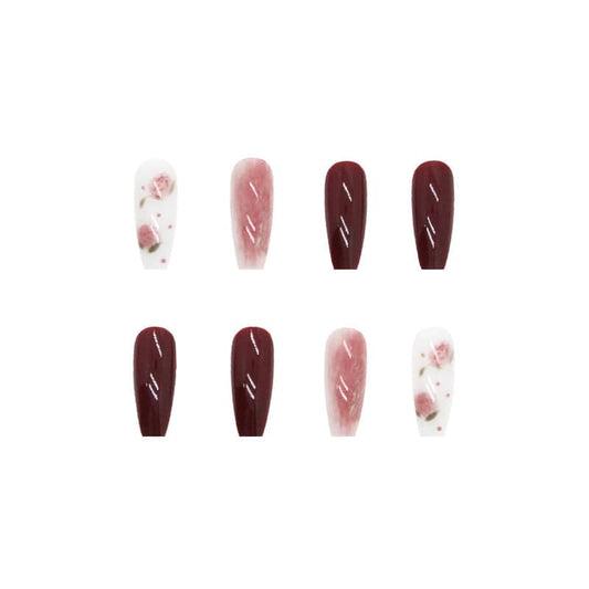 Elegant Burgundy Floral Press-On Nails Set