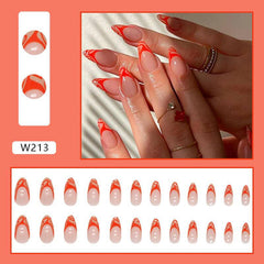 Elegant Orange Red French Tip Press-On Nails, Long Stiletto Shape, 24 Piece Set Wearing