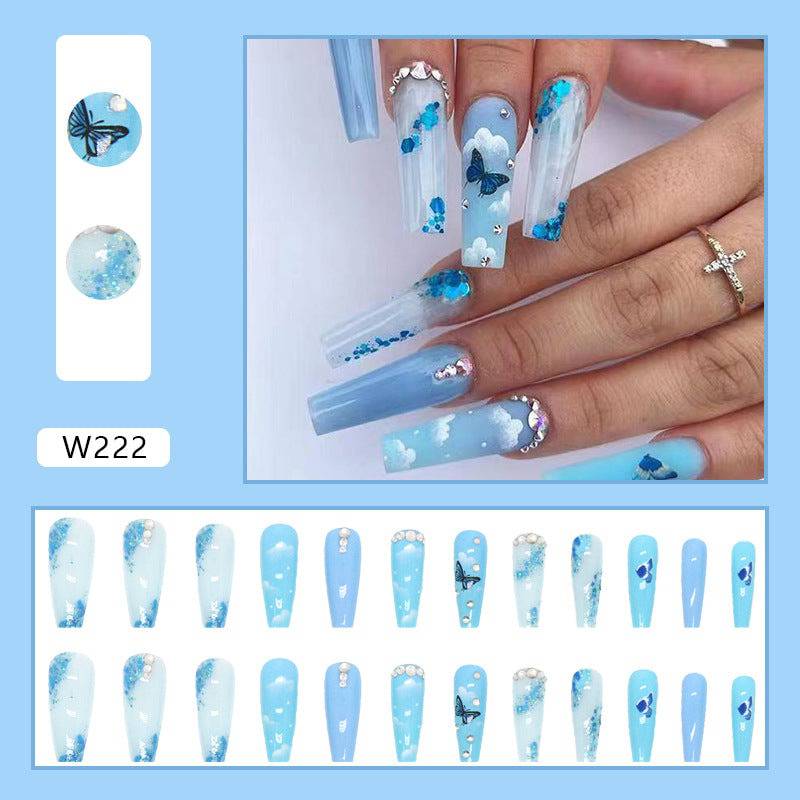 Enchanting Blue Butterfly Press-On Nails Wearing- 24 Pieces with Glitter Accents for a Magical Touch