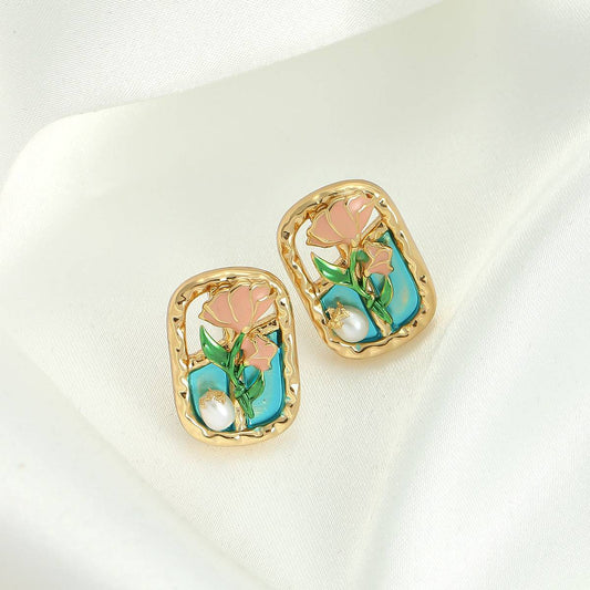 Forest Style Oil Painting Frame Flower Earrings