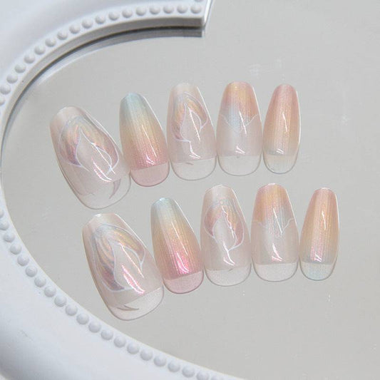 French Manicure Style with Holographic Shine Wearing Press-On Nail Set