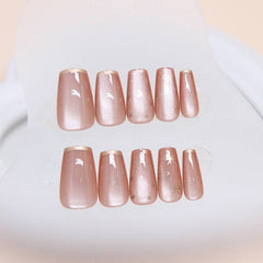 Nude Press-On Nails with Gold Marble Design Wearing - 24 Piece Set for a Sophisticated Look