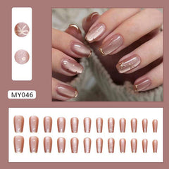 Nude Press-On Nails with Gold Marble Design Wearing - 24 Piece Set for a Sophisticated Look