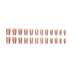 Nude Press-On Nails with Gold Marble Design Wearing - 24 Piece Set for a Sophisticated Look