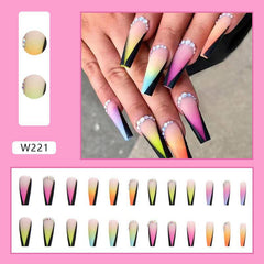 Rainbow Gradient with Rhinestone Accents, Full Set of Artificial Nail Tips Wearing Press-On Nail Set