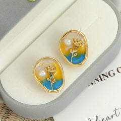 Vintage Enamel Flower Earrings with Oil Painting Effect