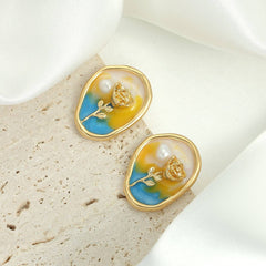 Vintage Enamel Flower Earrings with Oil Painting Effect