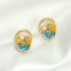 Vintage Enamel Flower Earrings with Oil Painting Effect