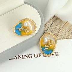 Vintage Enamel Flower Earrings with Oil Painting Effect