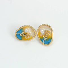 Vintage Enamel Flower Earrings with Oil Painting Effect