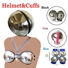 Stainless Steel Bondage Ball Helmet Restraint | Lockable Hood with Handcuffs & Chains | BDSM Slave Hood for Men & Women