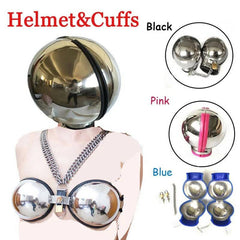 Stainless Steel Bondage Ball Helmet Restraint | Lockable Hood with Handcuffs & Chains | BDSM Slave Hood for Men & Women