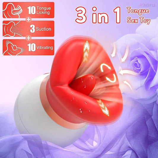 3-in-1 Rose Vibrator: Tongue Sucking & Licking Clitoris, Nipple Stimulator for Women & Couples