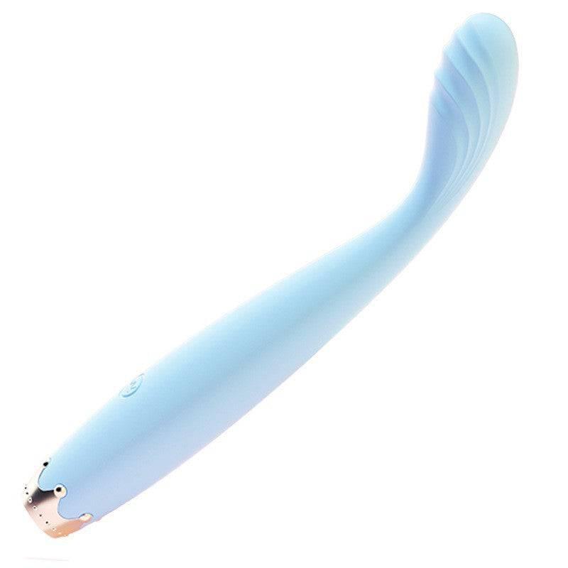 Light blue curved adult vibrator with textured tip and smooth body