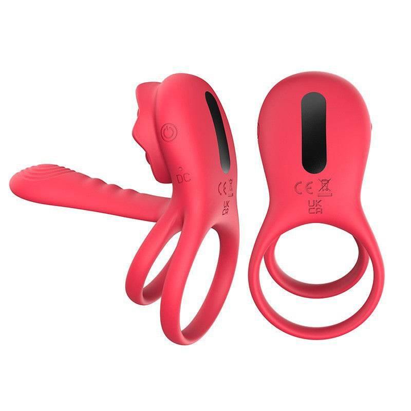 Red silicone cock ring with textured stimulator, waterproof adult toy for couples