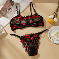 Embroidered mesh lace sexy bust bra set